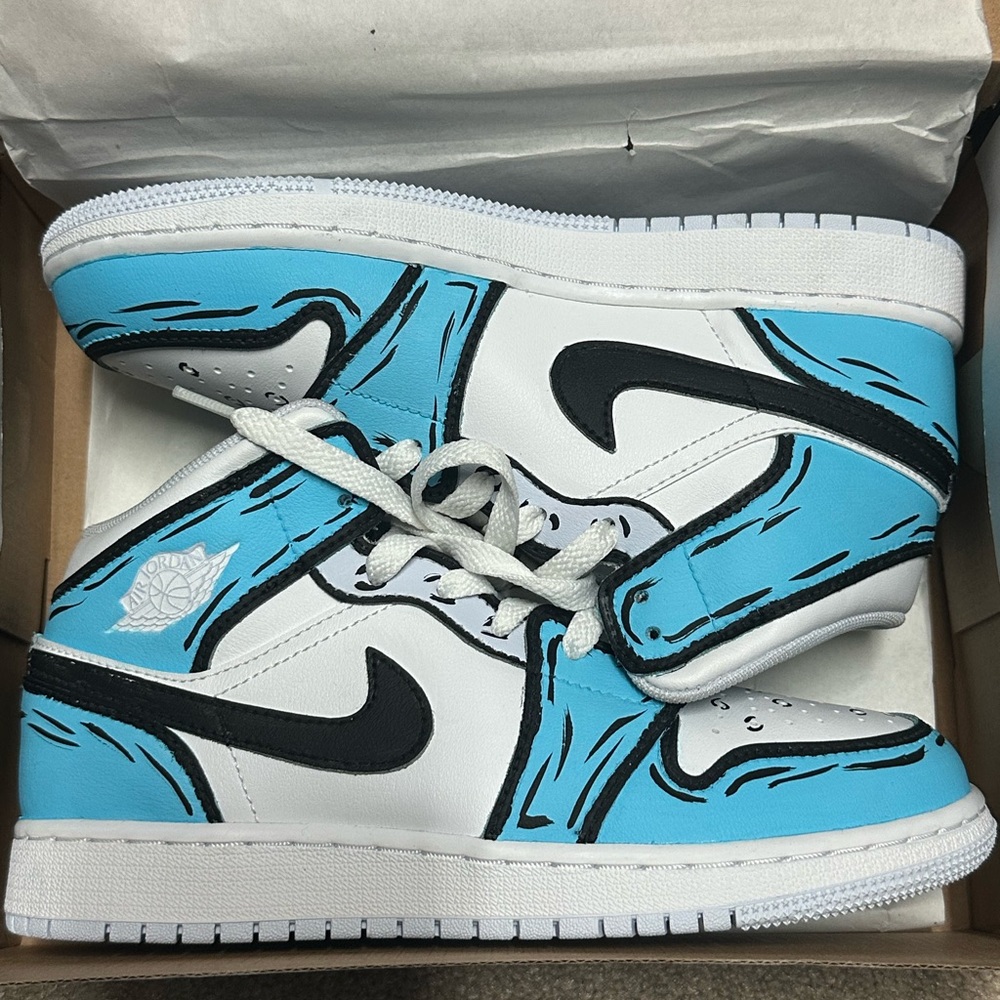 Custom Cartoon painted Kids Blue and White air Jordan Sneakers size 4.5 Y - Picture 2 of 15